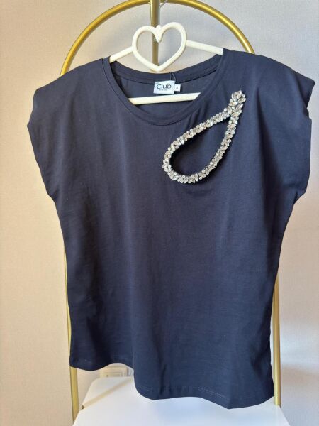 Damla Detaylı Taş İşlemeli Siyah Tshirt