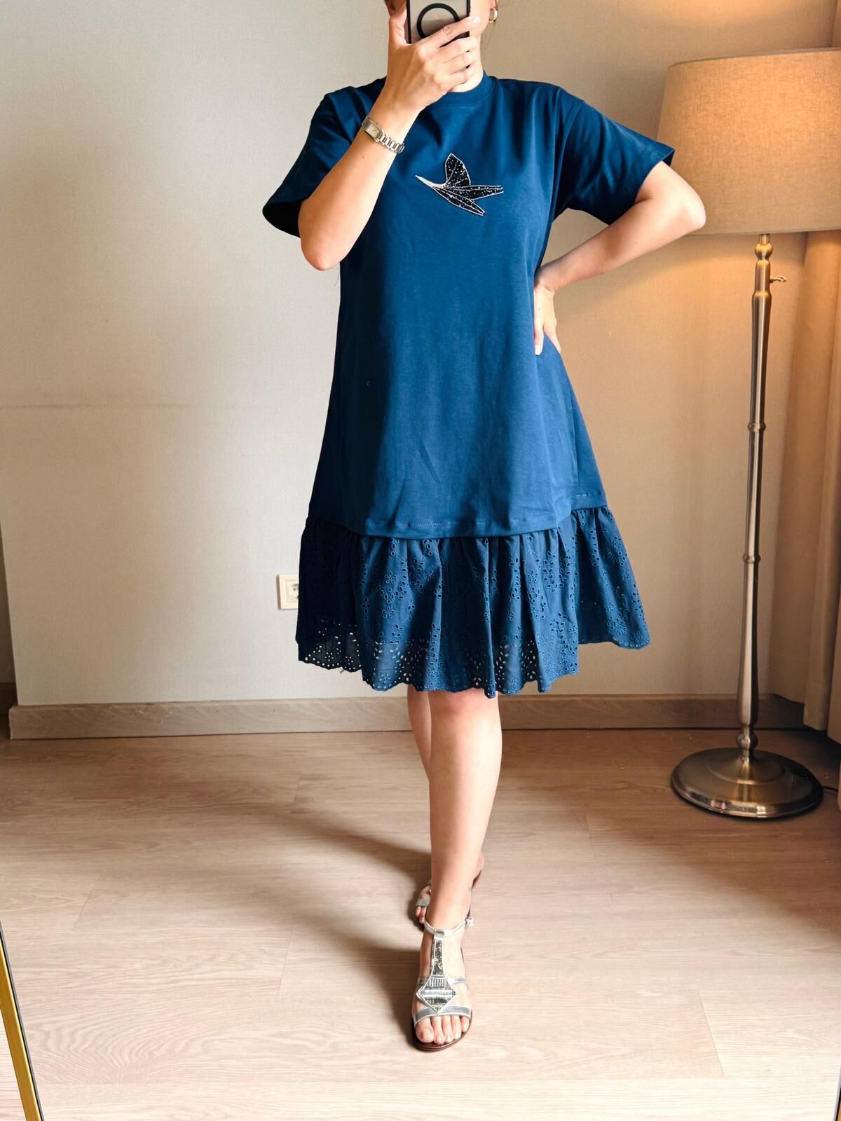 Mavi Eteği Fistolu Elbise