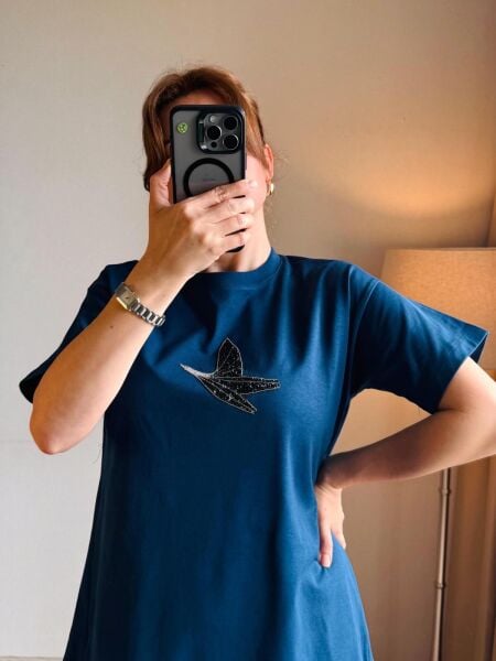 Mavi Eteği Fistolu Elbise