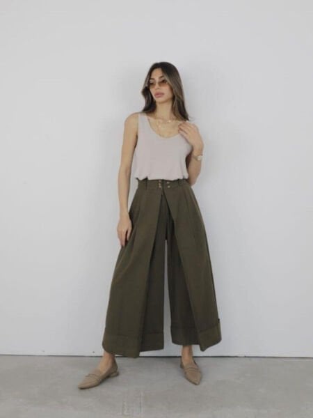 Düğme Detaylı Duble Paça Etek Pantolon