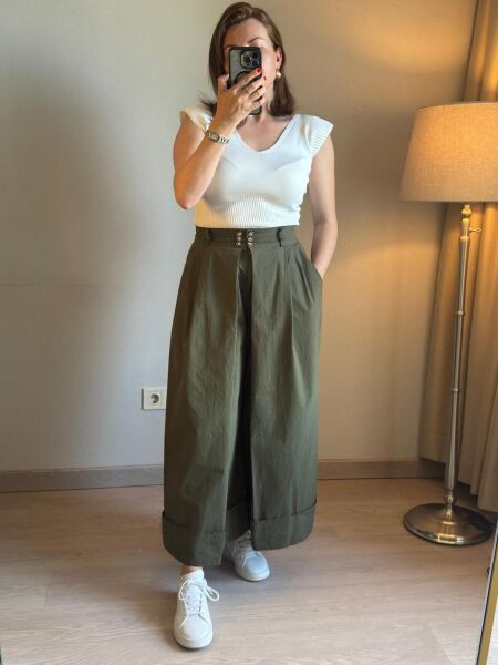 Düğme Detaylı Duble Paça Etek Pantolon