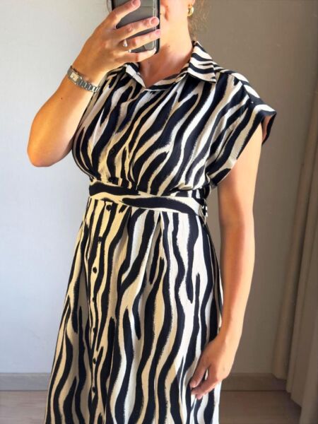 Zebra Desenli Beli Pensli Elbise