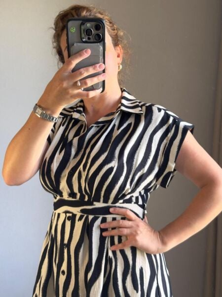 Zebra Desenli Beli Pensli Elbise