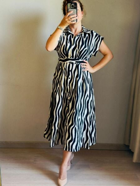 Zebra Desenli Beli Pensli Elbise