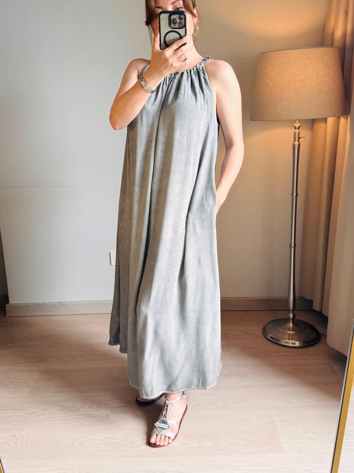 Gri Örgü Yaka Viskon Elbise