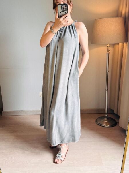 Gri Örgü Yaka Viskon Elbise