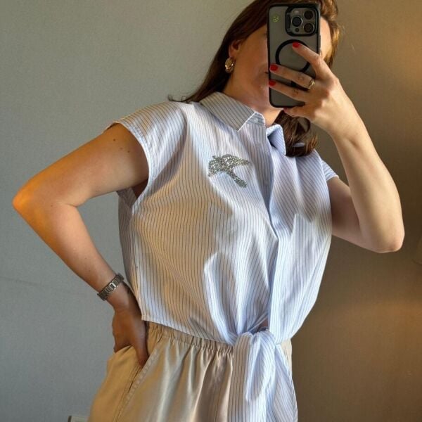 Tasarım Bağlamalı Çizgili Gömlek