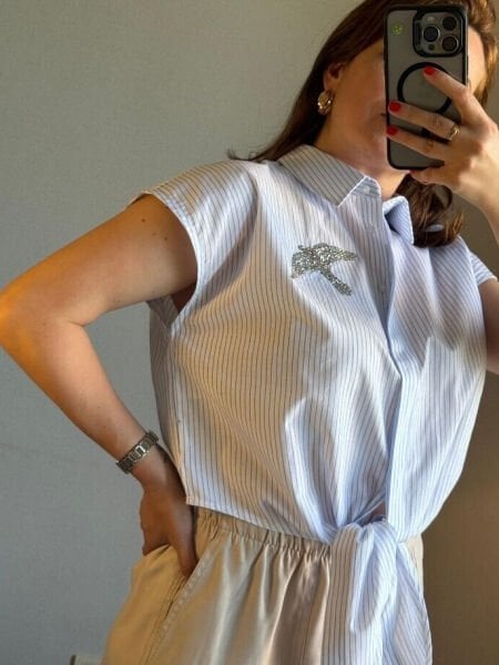 Tasarım Bağlamalı Çizgili Gömlek