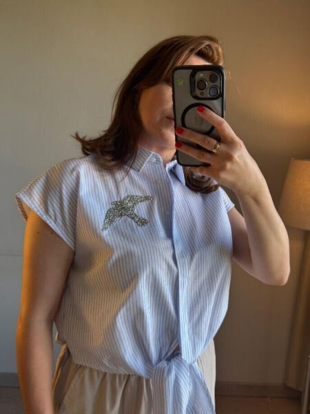 Tasarım Bağlamalı Çizgili Gömlek