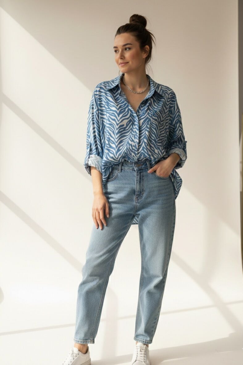 Mavi Desenli Oversize Gömlek