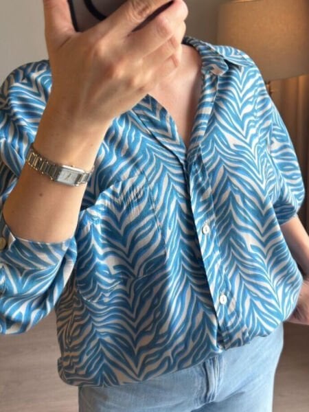 Mavi Desenli Oversize Gömlek