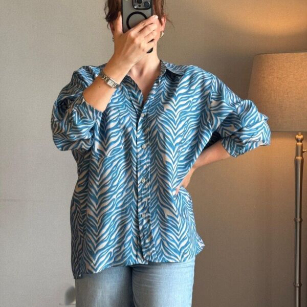 Mavi Desenli Oversize Gömlek