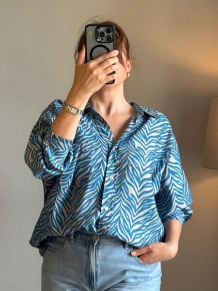 Mavi Desenli Oversize Gömlek