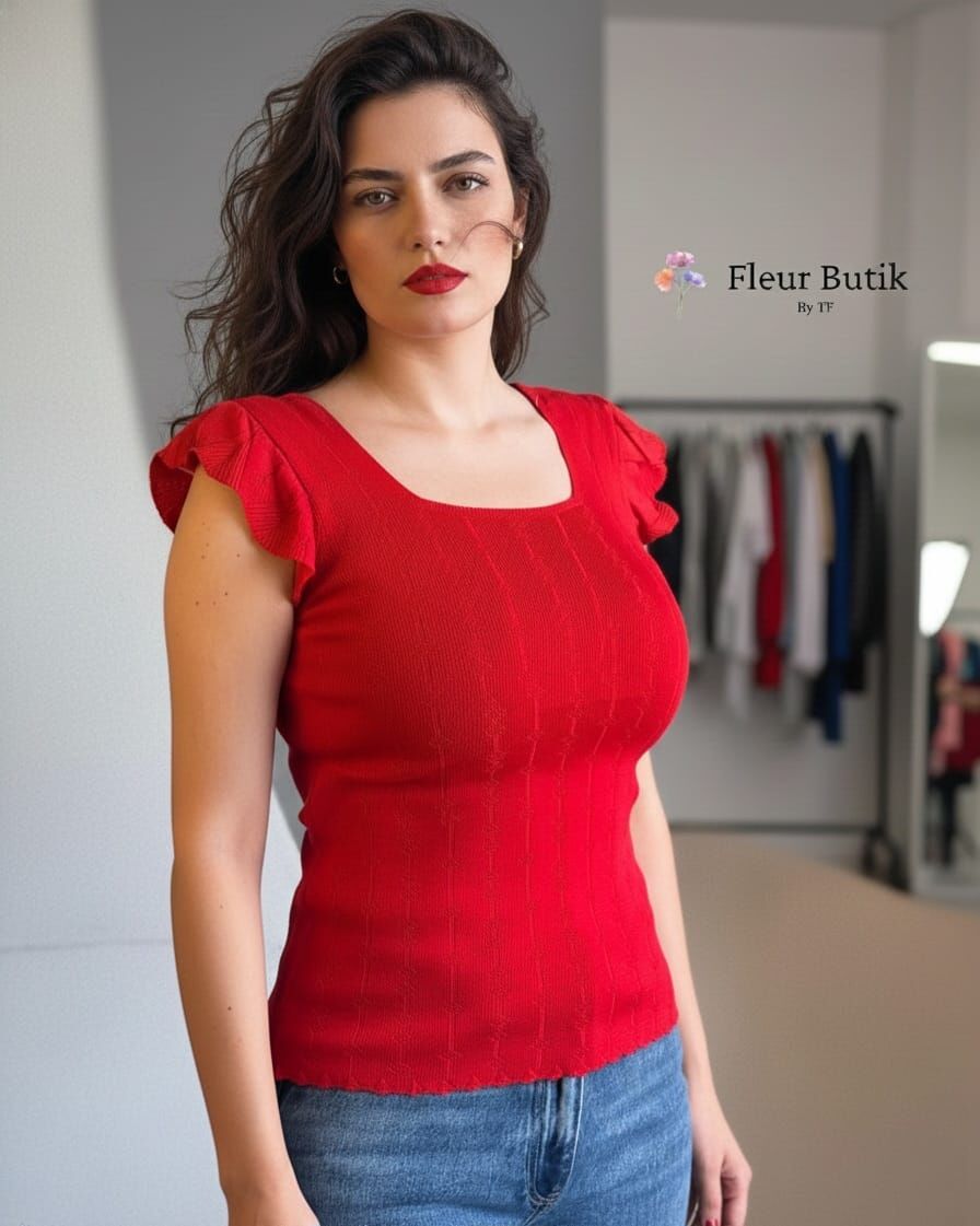 Kırmızı Omuz Detaylı Bluz