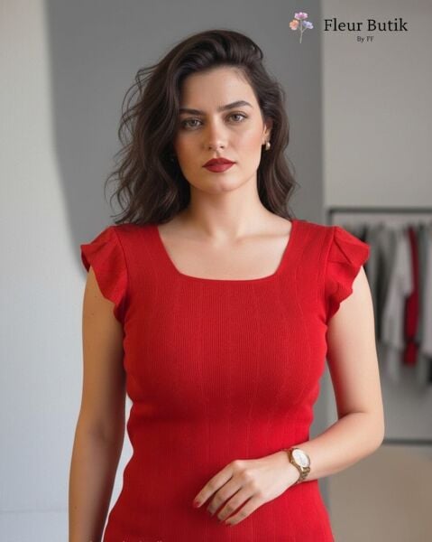 Kırmızı Omuz Detaylı Bluz