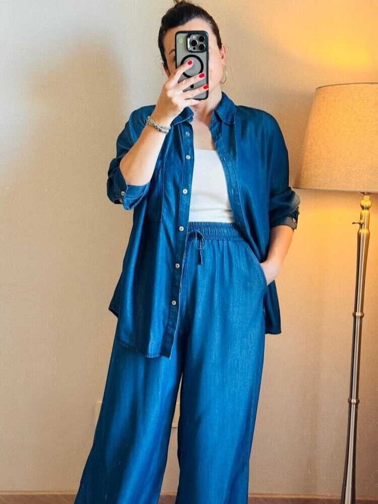 Denim Mavi Tensel Kumaş Takım