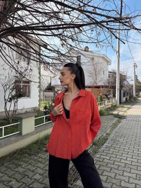 Modal Kumaş Bol Kesim Nar Çiçeği Kadın Gömlek