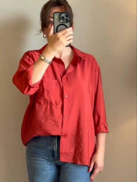 Modal Kumaş Bol Kesim Nar Çiçeği Kadın Gömlek