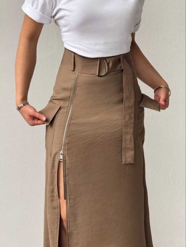 Fermuarlı Kemerli ve Cepli Uzun Etek