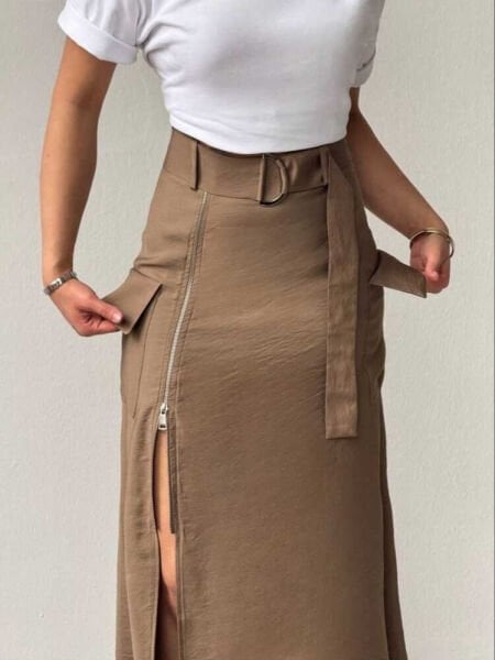 Fermuarlı Kemerli ve Cepli Uzun Etek