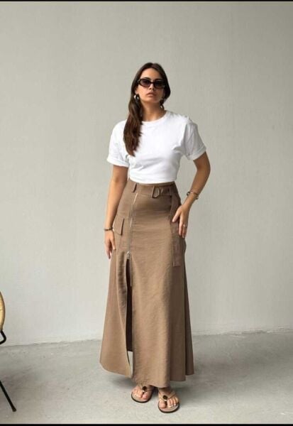 Fermuarlı Kemerli ve Cepli Uzun Etek