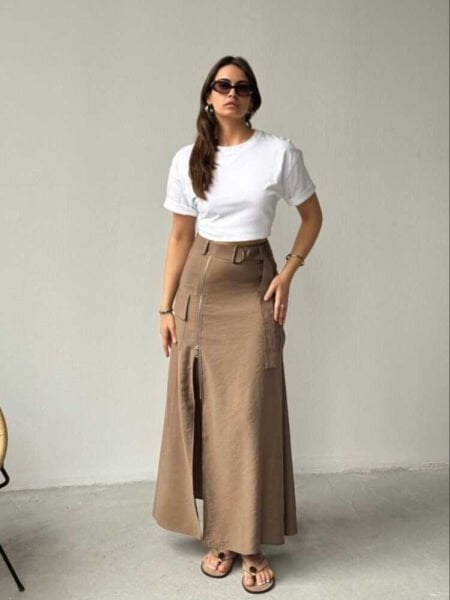 Fermuarlı Kemerli ve Cepli Uzun Etek