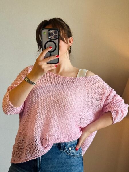 Pembe File Detaylı Triko Bluz