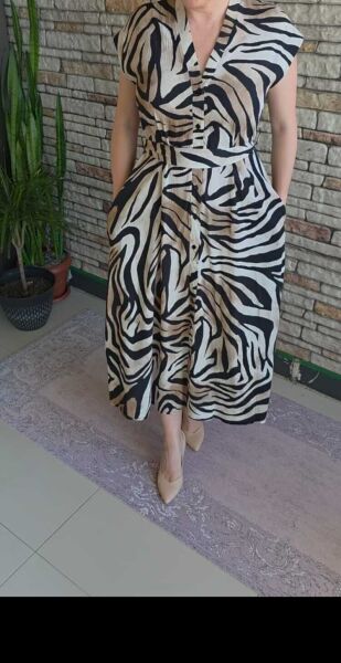 Zebra Desenli Kemerli Kahverengi Elbise