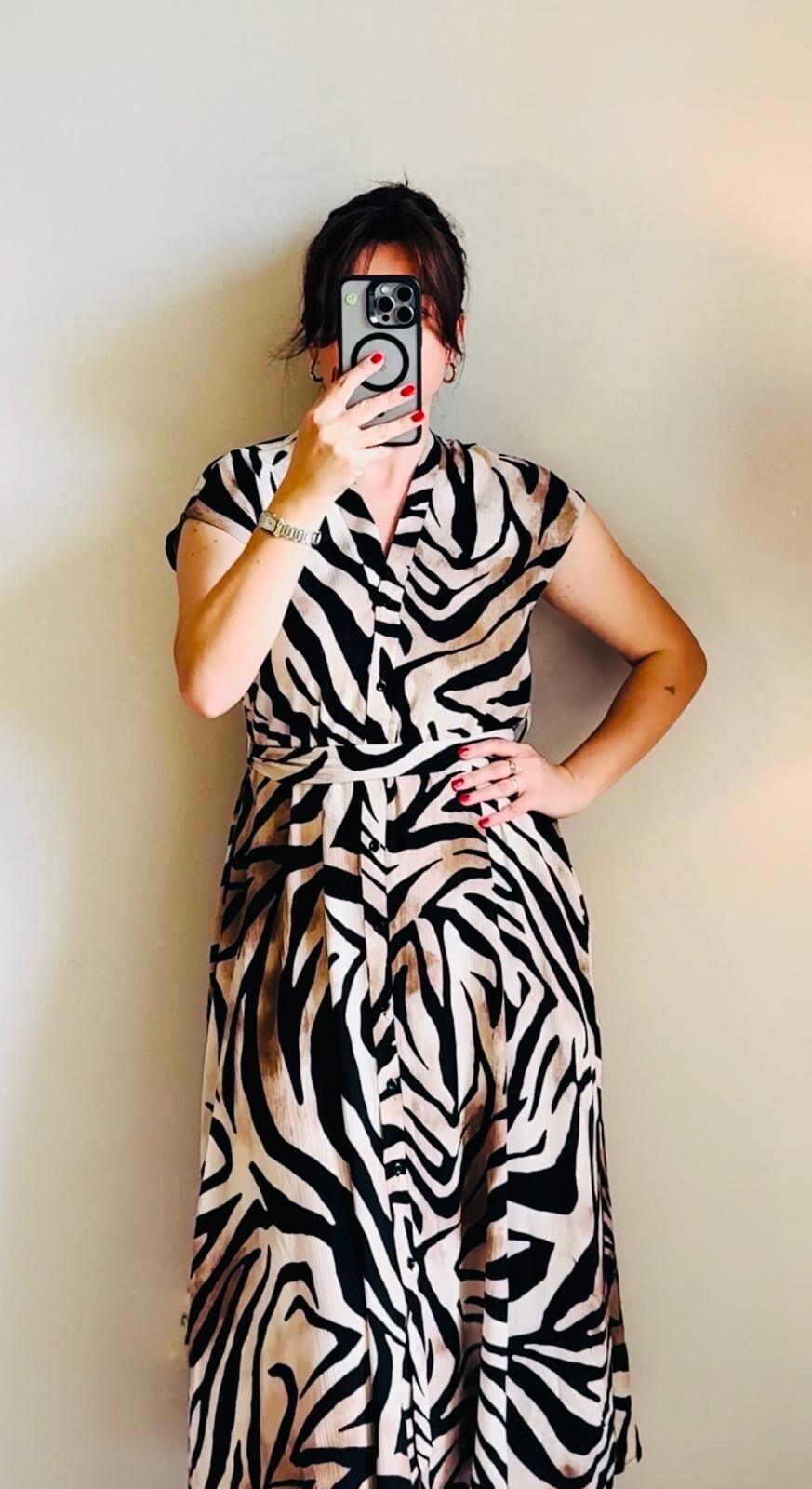 Zebra Desenli Kemerli Kahverengi Elbise