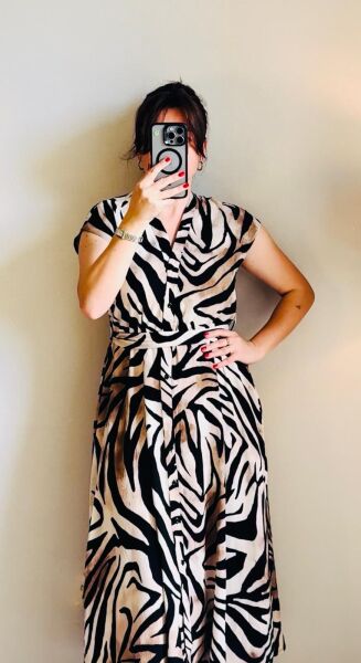 Zebra Desenli Kemerli Kahverengi Elbise