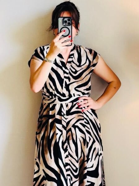 Zebra Desenli Kemerli Kahverengi Elbise