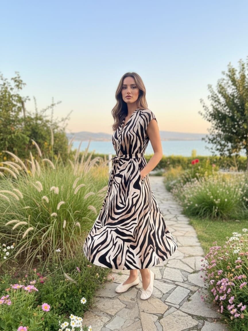 Zebra Desenli Kemerli Kahverengi Elbise