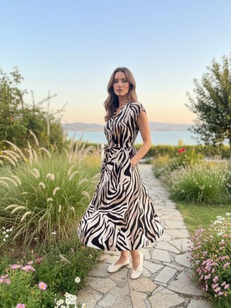 Zebra Desenli Kemerli Kahverengi Elbise