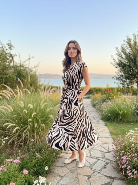 Zebra Desenli Kemerli Kahverengi Elbise