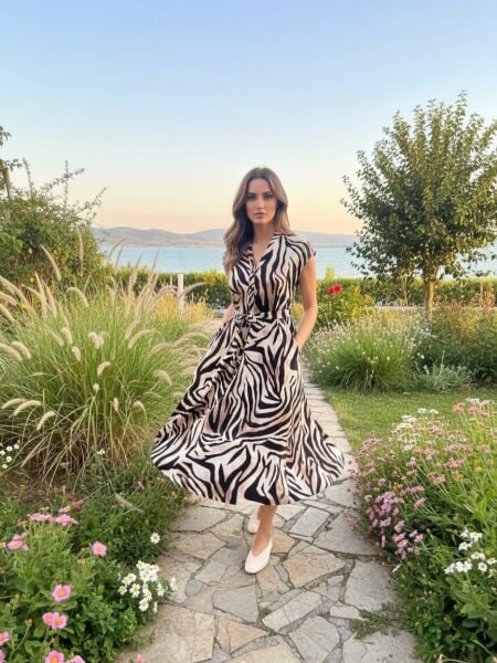 Zebra Desenli Kemerli Kahverengi Elbise