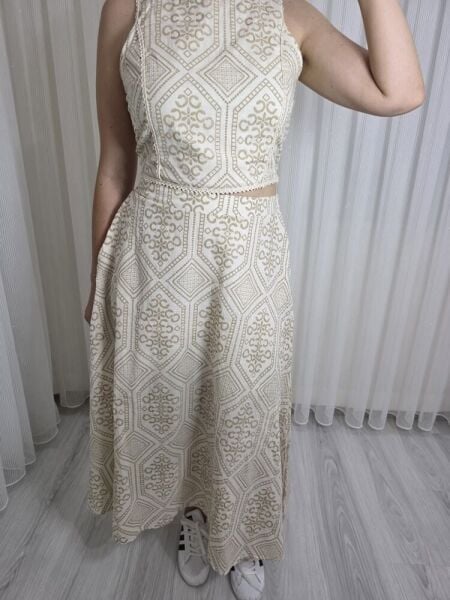 Keten Kumaş Baskı Desenli Etek Takım