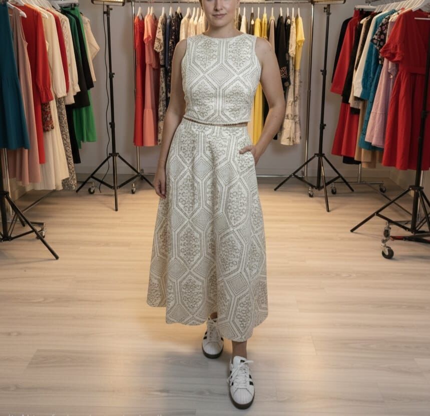 Keten Kumaş Baskı Desenli Etek Takım