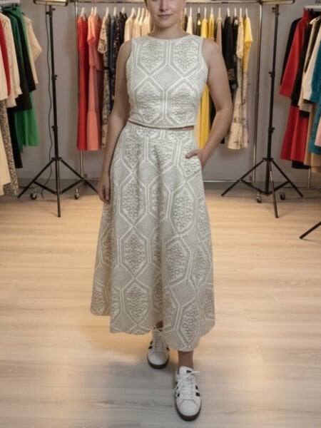 Keten Kumaş Baskı Desenli Etek Takım