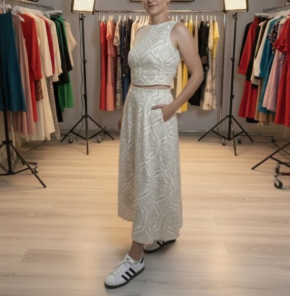 Keten Kumaş Baskı Desenli Etek Takım