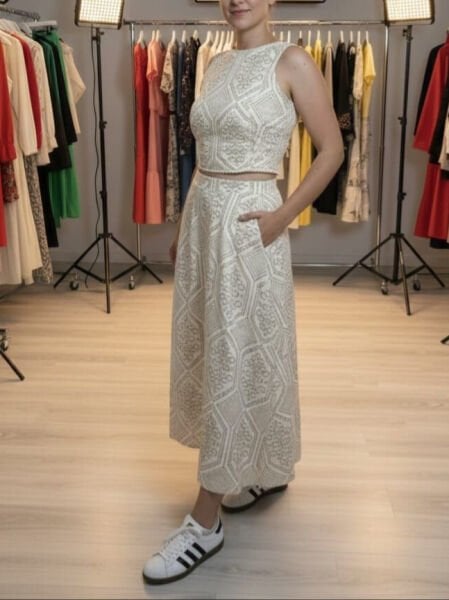 Keten Kumaş Baskı Desenli Etek Takım