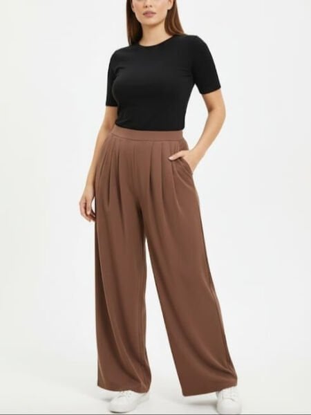 Kahverengi  Beli Lastikli Bol Paça Pantolon