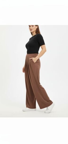 Kahverengi  Beli Lastikli Bol Paça Pantolon