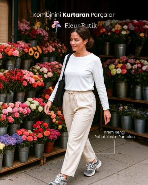 Krem Rengi Rahat Kesim Pantolon