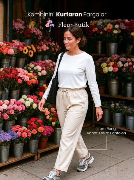 Krem Rengi Rahat Kesim Pantolon