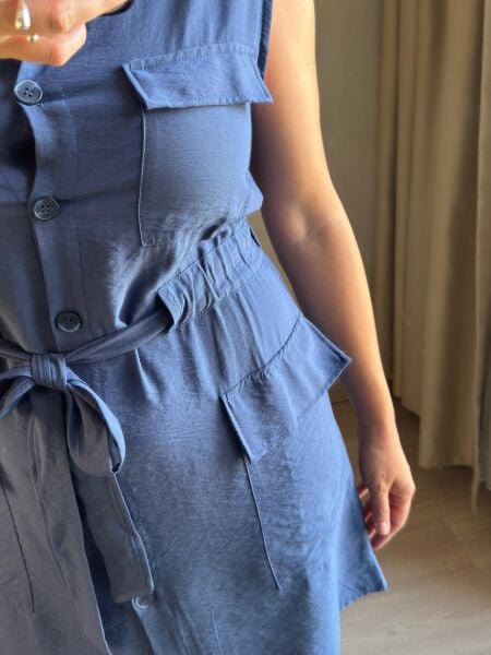 Lacivert Düğmeli Mini Elbise