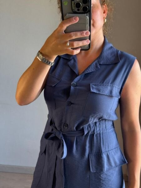 Lacivert Düğmeli Mini Elbise