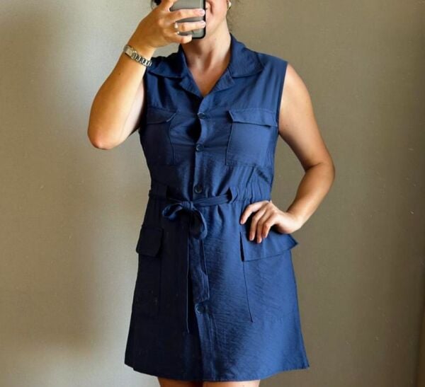 Lacivert Düğmeli Mini Elbise