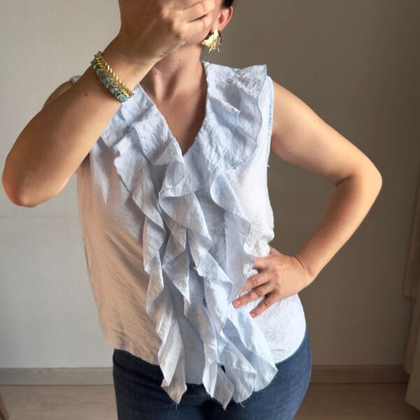 Mavi Fırfırlı Kolsuz Gömlek