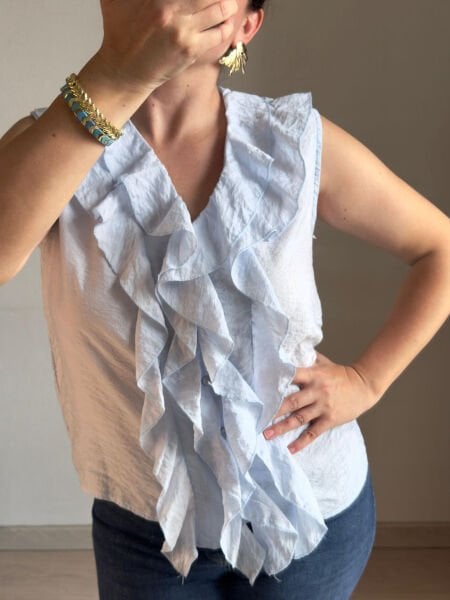 Mavi Fırfırlı Kolsuz Gömlek