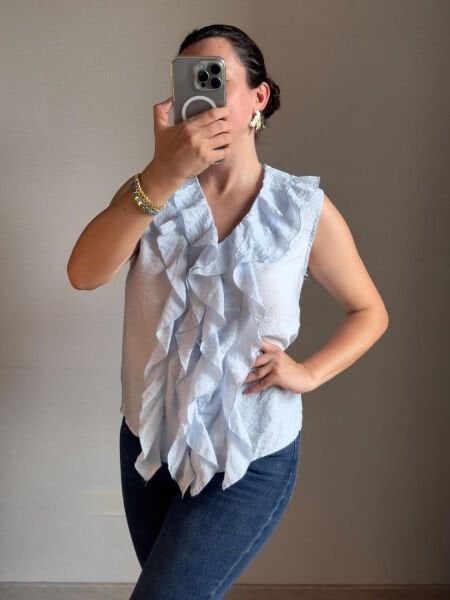 Mavi Fırfırlı Kolsuz Gömlek